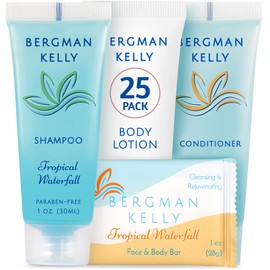 Bergman Kelly - Hotel Toiletries Bundle - Tropical Waterfall, 1 oz each, 100 Pcs - 4-Piece Set: 25 Rectangular Bar Soap, 25 Shampoo, 25 Conditioner & 25 Body Lotion - Bulk Mini Guest Amenities Supply