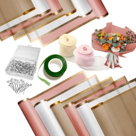 AbluFirst 163pcs Flower Bouquet Set,60 Paper for Flowers Gold Edge Waterproof Floral Wrapping Paper,100 Diamond Pins, 2 Ribbon, and 1 Green Floral Tapes for DIY Wedding Birthday Father's Day