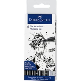 Faber-Castell 167124 Set Pennarelli Mangaka, Astuccio con 6 pennarelli, di cui uno a Punta Fine, uno a Pennello Morbido e uno Calligrafico Morbido di Colore Nero, per Disegno di Precisione o Manga