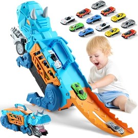 Dinosaurios de Juguetes, Camión de Juguete de Dinosaurios con 12 Coches, Plegable y transformable, Dinosaurios Juguetes para niños, Dos Pistas para