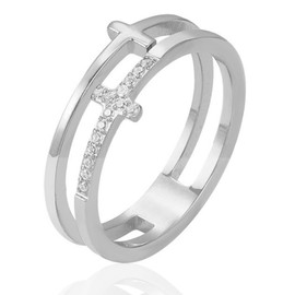 Rhinestone Cross Double Layered Ring for Women Crystal Stacking Cross Finger Rings Faith Promise Engagement Fashion Dainty Jewelry Gift Size 8 (Silvery Cross 8)