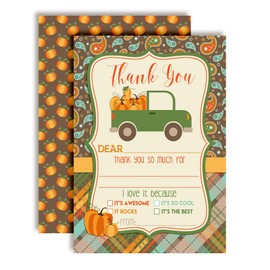 Pick Up Truck Full of Pumpkins Birthday Party Thank You Notes for Kids, Ten 4" x 5.5" Fill in The Blank Cards with 10 White Envelopes by AmandaCreation