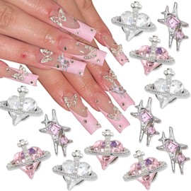 YAEISM 12PCS Planet Nail Charms 3D Rhinestones Star Nail Gems 2 Styles Silver Nail Art Charms for DIY Crafts and Jewelry Decoration