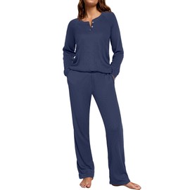 Ekouaer Waffle Knit Pajamas for Women Set Long Sleeve Pants Pj Henley Tops Lounge Sets Comfy Sleepwear with Pockets Navy Blue L