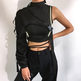 Sup-Coente One Shoulder Shrug Crop Top Long Sleeve Rave Tops for Women Festival Buckle Techwear Girls Black