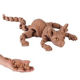 3D Printed Cat Animal Toys,12 Inches Hairless Kitty Articulated Flexible Fidget Toys,Jumbo 3D Printed Sphynx Cat Animal Stress Toy for Home,Officec,Desk Decor(Coffee)