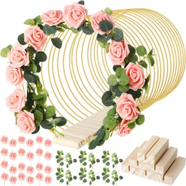 15 Pcs Metal Floral Centerpiece Table Decorations Hoop Centerpiece with Stand Gold Table Centerpieces 15 Wooden Holders 30 Artificial Flowers 30 Leaves for Wedding DIY Craft Decor (Pink, 14 Inch)