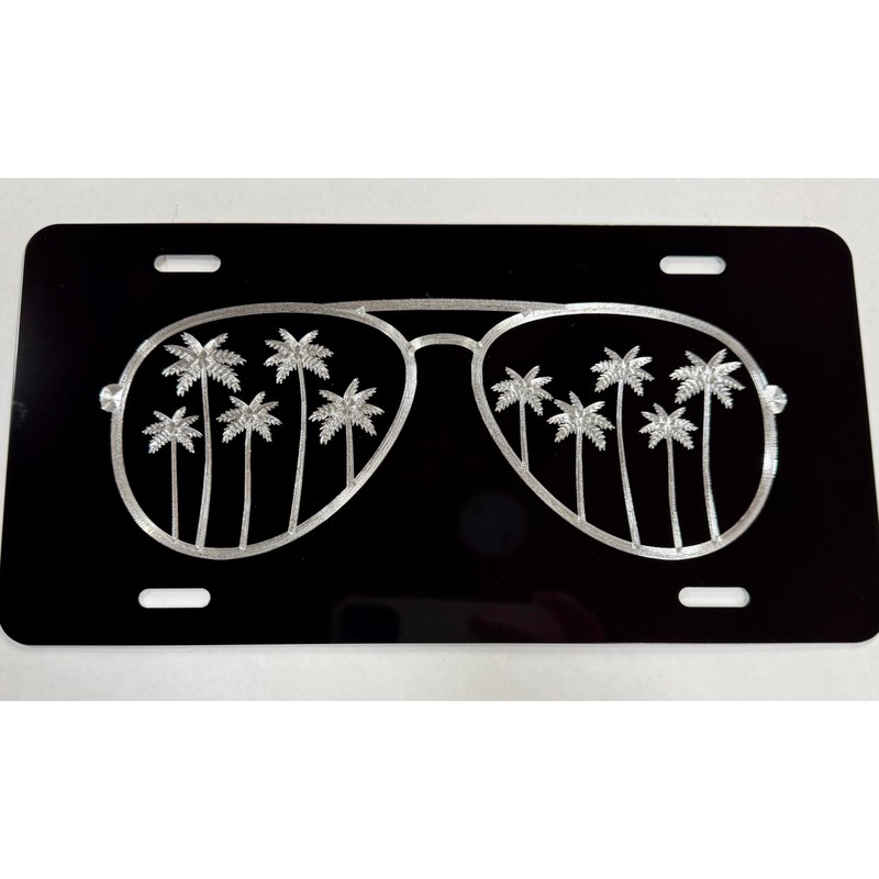 Palm Tree Sunglasses Car Tag Diamond Etched Vanity Front Aluminum