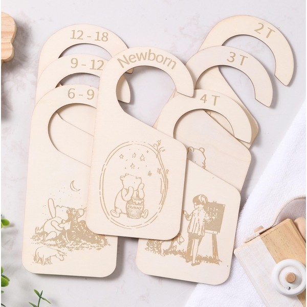 Spelable 11pcs Pooh Winnie Wooden Baby Closet Dividers | Double-Sided Newborn to 4T Baby Clothes Dividers for Closet | Nursery Decor Hanger Size Organizer, Nursery Organization