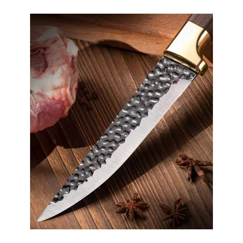 Premium Steak Knives Set with Hammered Steel Blades, Wooden Handles,