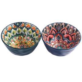 BOSILI Ceramic Rice Bowl Set of 2, 4.72 Inch Mandala Pattern Porcelain Bowls, Hand-Painted Bohemian Design (LL)