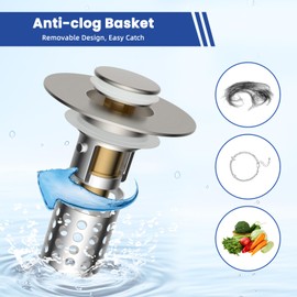 Hygie Rinse Upgraded 3 in 1 Bathroom Sink Stopper Universal Pop Up Sink Drain Strainer, with Removable Stainless Steel Filter Basket Hair Catcher, for 1.1''~2.36'' Sink Basin Hole, Brushed Nickel