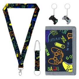 GTNCE Children's Wallet for Boys and Girls, Children's Wallet with Lanyard, Tri-Fold Purse with Zip for Back to School & Birthday Gift (Game), black