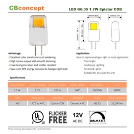 CBConcept UL Listed, 12 Volt G6.35 LED Light Bulb, 5 Pack, Epistar COB 1.7 Watt, Dimmable, 220 Lumen, Pure White 6000K, 360 Degree Beam Angle, 20W Equivalent, Halogen Replacement Bulb