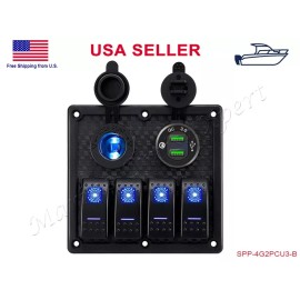 STX 4 Gang Toggle Rocker Switch Panel Breaker USB 3.0 Marine Boat RV Camper Blue LED