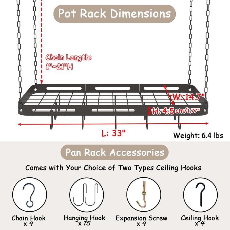TICKCACY 33” Pots and Pans Hanging Rack, Black Hanging Pot