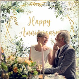 Sensfun 7x5ft Happy Anniversary Backdrop Sage Green Leaves Photography Background Greenery Wedding Anniversary Party Decorations Family Memorial Cheers to Marriage Day Banner Photo Booth Props