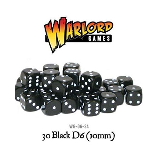 30x D6 Dice Pack | 10mm Classic Black Spot Six Sided Dice Set | For Classic and Professional Tabletop Dice Games | By Warlord Games