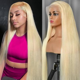 werkueen Peluca De Cabello Humano Con Encaje Frontal 613 De 36 Pulgadas, 613 Hd, 13X6, Rubio, Densidad 200, Recta, Prearrancada Con Cabello De Bebé Para Mujer.