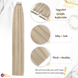 Moresoo 14" Tape in Hair Extensions Remy Human Hair Ash Blonde with Bleached Blonde 10pcs/20g #P18/613