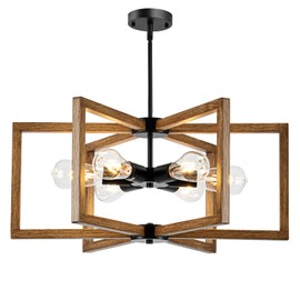 DWLGIGH 6 Light Farmhouse Chandelier, 23.62" Modern Chandelier for Entryway with Wooden Finish Industrial Rustic Hanging Pendant Light for Bedroom,Kitchen,Foyer,Living,Dining Room Lighting Fixtures