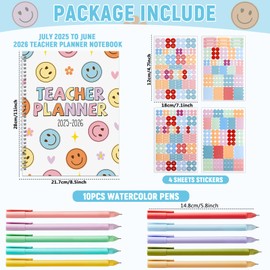 11PCS 2025-2026 Teacher Planner Notebook with 10 Pens&Section Lesson Book Daily Weekly Monthly 8.5"x11" Organizer Spiral Bound Stickers, Dated Calendar, Pocket Folder, Page Tab(Smile Face)
