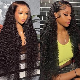 Deep Wave Lace Front Wigs Human Hair 13x6 HD Transparent Lace Frontal Human Hair Wig for Black Women 100% Real Curly Human Hair Wigs Pre Plucked with Baby Hair 180% Density (Black, 18 inch)