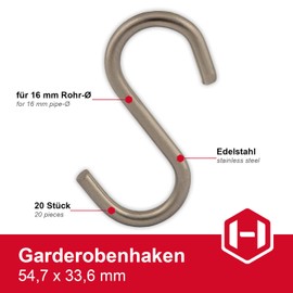 Gedotec Universal S-Hooks Metal Clothes Hooks for Kitchen Utensils - Cloths - Clothes | Metal Hooks for Clothes Cupboard | Stainless Steel Look | for 16 mm Pipe Diameter | Pack of 20 - Hanging for