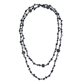 Versatile Long Mixed Cultured Freshwater Black Pearl and Stones Link Necklace