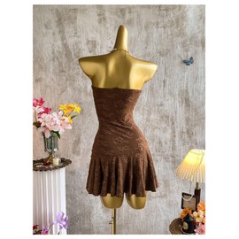 SHENHE Women's Summer Strapless Tube Dress Drop Waist Ruffle Flowy Mini Dress Beach Sundress Brown Small