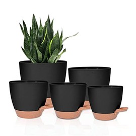 Vanslogreen Plant Pots Pack of 5, 7/6.5/6/5.5/5 Inch Self Watering Planters with Drainage Hole Planter for Indoor Plants, Planting Pots for African Violet, Ochid and House Plants (Black)