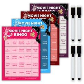 XOXO Parents Movie Night Bingo Cards – Fun Game for Adults & Kids | 4 Reusable Bingo Cards with Dry Erase Markers | Gifts for Movie Lovers, Family Game Night Ideas, Raffle & Fundraiser