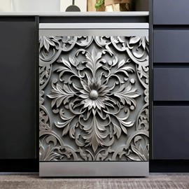 Silver Metal Texture Grey Carving Magnetic Dishwasher Decor,Carving Flower Dishwasher Sticker,Vintage Carve,Fridge Magnet Metal Carving Pattern Kitchen Decal 23x26 inch
