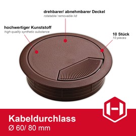 Gedotec Cable grommet desk made of sturdy ABS plastic, pack of 10 round cable passages, 80 mm, entry, cable box, brown matt, cable guide for push-in, cable duct desk