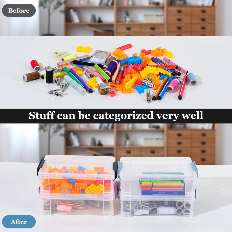 Clear Pencil Box Plastic Storage Containers 4 Pack, Latch Storage