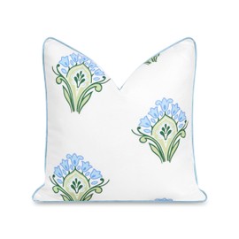 Hofdeco Premium Coastal Patio Indoor Outdoor Throw Pillow Cover Only, 20"x20" Water Repellent for Backyard, Couch, Baby Blue Green Floral with Piping