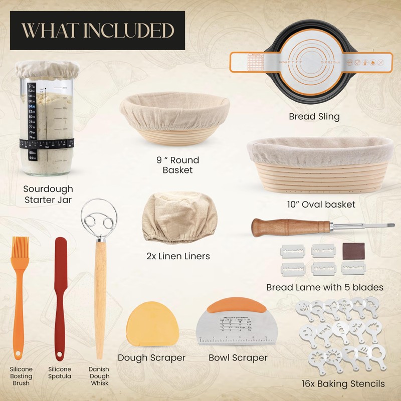 Banneton Bread Proofing Basket Set Sourdough Starter Kit 9"Round 10"Oval