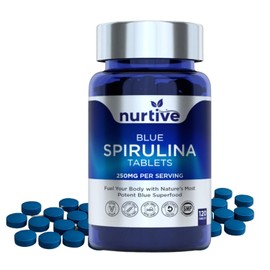 NURTIVE Blue Spirulina Tablets - 250mg per Serving, Phycocyanin Superfood - Vegan, Gluten-Free, Non-GMO, No Fillers - GMP-Certified, Third-Party Tested, Easy to Swallow - 120 Tablets