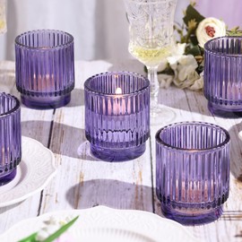 8 Pcs Large Lavender Votive Candle Holders, Tealight Ribbed Candle Holders Glass, Brildal Shower Table Decor,Wedding Centerpieces Table Decorations