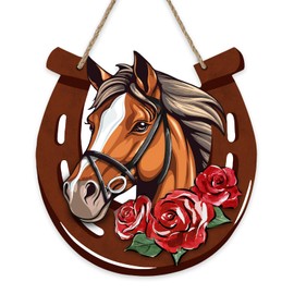 Bolisom Kentucky Derby Horse Racing Front Door Sign, Horseshoe Run for The Roses Wood Door Hanger Outdoor Outside Porch Decor, Churchill Downs Wooden Wreath Indoor Wall Hanging Decoration