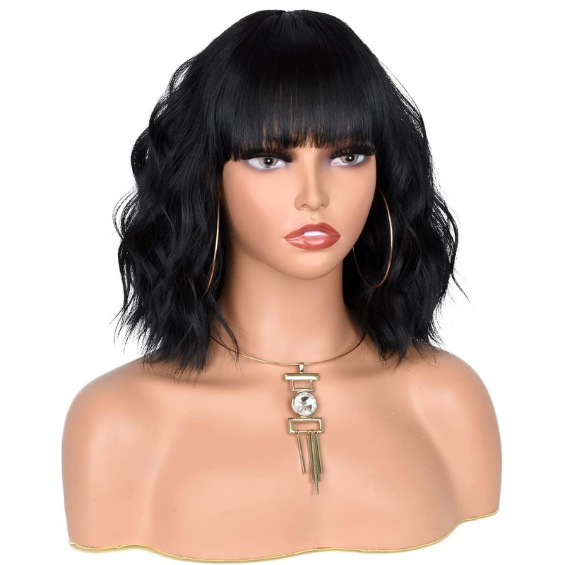CoCrowns Short Wavy Wig with Air Bangs Shoulder Length Women's