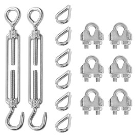 LQSCJS 2 x M6 hook and eye turnbuckle 304 stainless steel turnbuckle wire rope tension, 5 pieces M3 stainless steel thimble, 6 pieces M3 wire rope clamp, cable rails kit for wire rope cable