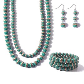 KOSMOS-LI Western Style Two Layer Necklaces Bracelet Earrings Faux Navajo Beaded Women Jewelry Sets