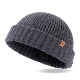 TOP-EX XL/XXL Mens 100% Merino Wool Fisherman Beanie for Women Trawler Beanie Winter Hat Warmer Knitted Cuffed Hat Grey XL/XXL