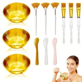 Set de 12 Piezas para Estética Facial: 3 Cuencos Faciales Dorados, 3 Aplicadores de Mascarillas de Barro, 3 Brochas en Forma de Abanico, 3 Brochas Pla