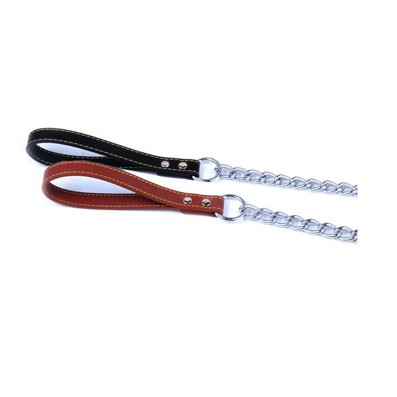 SGODA Chain Dog Leash with Leather Handle 4 Feet Black
