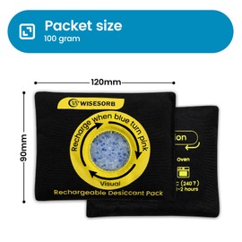 Wisesorb 100g Reusable Silica Gel Desiccant Packs, Rechargeable Dehumidifier Moisture Absorbers with Color Indicator for Bins, Gun Safes, Suitcases, 3D Printing Filaments, Electronics, Cars [3 Pack]
