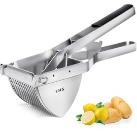 LHS Stainless Steel Potato Ricer and Masher, Heavy Duty Commercial Food Masher, Ergonomic Comfort Grip, Extra Large Capacity, Dishwasher Safe (Black)