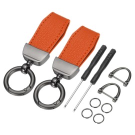 uxcell 2Pcs Car Key Chain, Zinc Alloy Leather Car Keychain Anti-lost D-Ring Key Chain Fob 360 Degree Rotatable Decorative with Screwdriver for Men and Women, Metallic Black/Orange