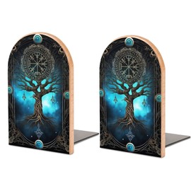 2 PCS Wood Book Ends, Tree of Life Viking Non Skid Bookends for Shelves - 5x3 Inch